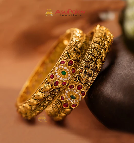 22K Nakshi Kundan Gold Kada with CZ Stone Embellishments
